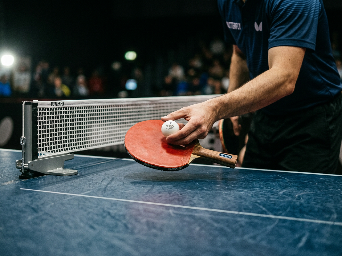 Paddle, ball and table tennis net close up