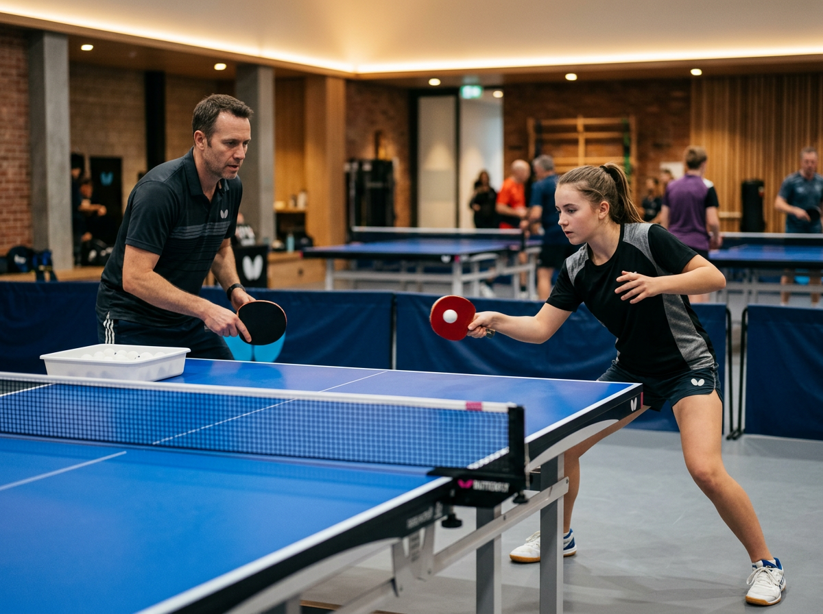 Players practicing together in a table tennis club